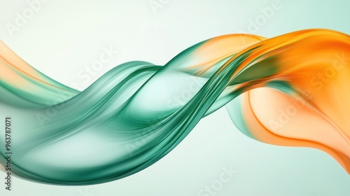 A flowing abstract design with smooth gradients in green and orange hues.