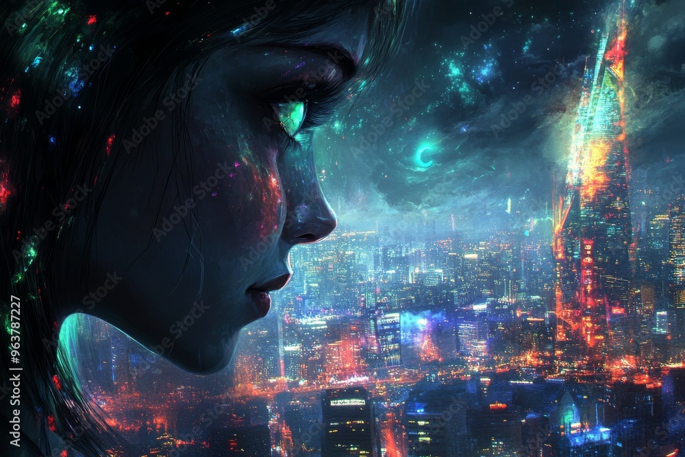 Light refraction keratoconus and vergence artistic depiction of a glowing city skyline reflected in a woman’s blue eye symbolizing urban life vision and the future of cityscapes Light refraction keratoconus and vergence artistic depiction of a glowing city skyline reflected in a woman’s blue eye symbolizing urban life vision and the future of cityscapes