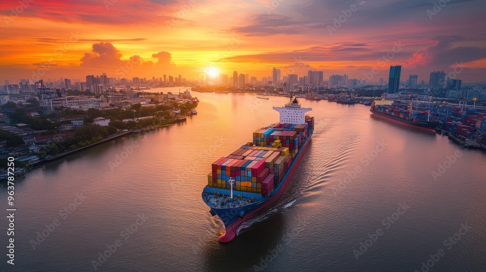 A cargo ship navigates a river at sunset, surrounded by a city skyline and shipping containers. A cargo ship navigates a river at sunset, surrounded by a city skyline and shipping containers.