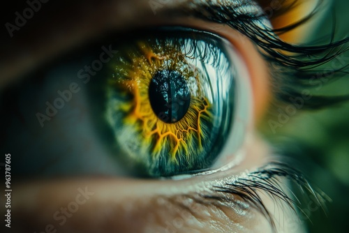 Neural impulse glial cells and ocular intricate macro shot of a human eye featuring vibrant yellow green iris details with vivid lighting and textures photo