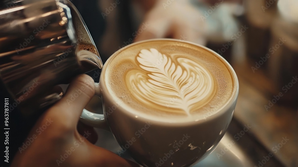 A close-up of a latte with intricate foam art being poured into a white cup. A close-up of a latte with intricate foam art being poured into a white cup.