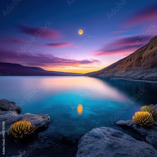 Peaceful Sunset Landscape with Crescent Moon Over Serene Water and Rocky Shore.