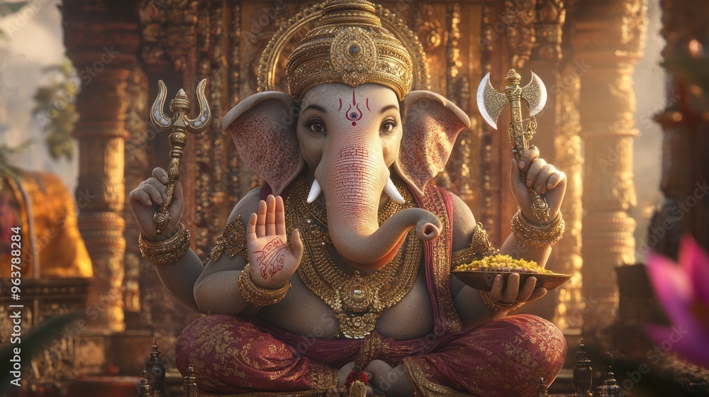 Fototapeta premium A gold and silver elephant statue of Ganesha is holding a sword and a bowl