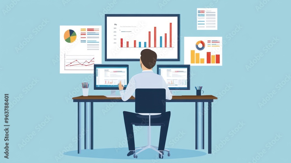 A person analyzing data on multiple screens with charts and graphs in a modern workspace. A person analyzing data on multiple screens with charts and graphs in a modern workspace.