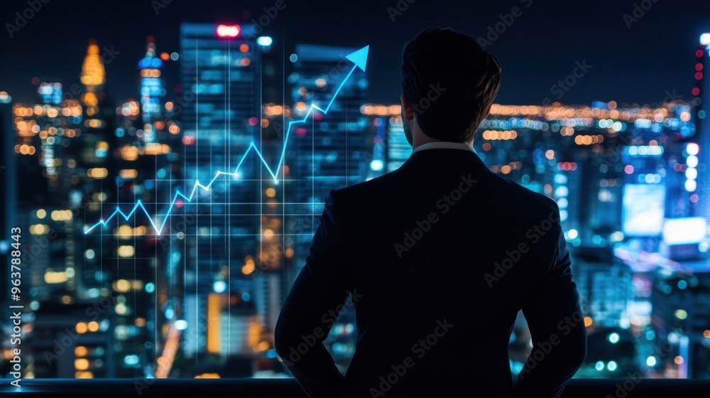 A businessman gazes at a city skyline with a rising graph overlay, symbolizing growth. A businessman gazes at a city skyline with a rising graph overlay, symbolizing growth.