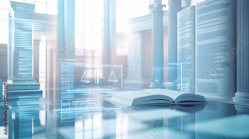 3D Glossy AI Enhanced Legal Services Background: Modern Law Firm Concept with Interactive Legal Documents and AI Case Analysis on Isolated White Background