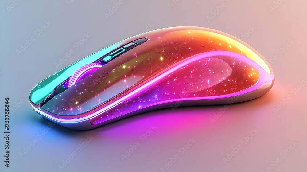 3D Glossy Holographic Mouse on Digital Mat with Ambient Light - Isolated Icon on Clean White Background 3D Glossy Holographic Mouse on Digital Mat with Ambient Light - Isolated Icon on Clean White Background