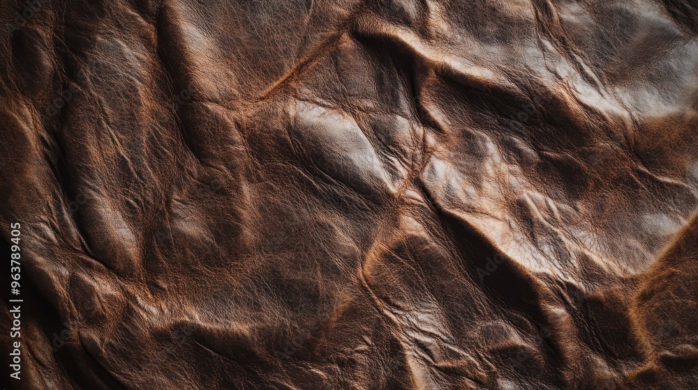 Naklejka premium A close-up of textured brown leather showcasing its natural creases and rich tones.