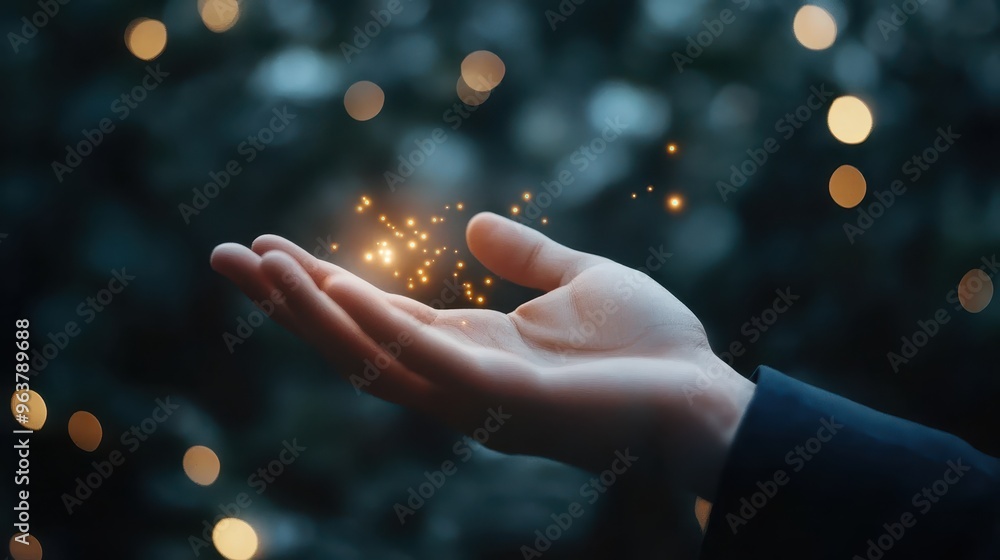 Entrepreneur Reviewing Growth Opportunities and Profit Potential with Glowing Hands Entrepreneur Reviewing Growth Opportunities and Profit Potential with Glowing Hands