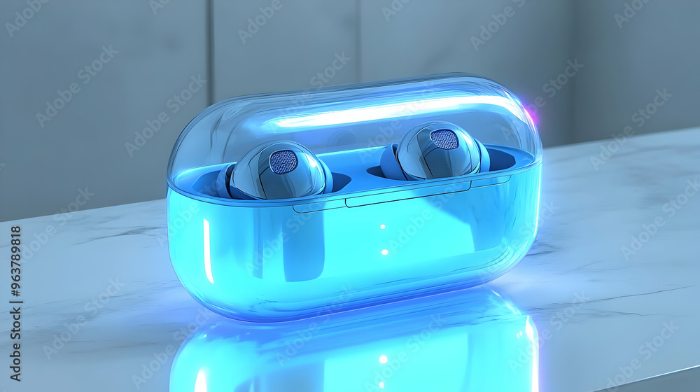 3D Holographic Earbuds with Glowing Case - Stylish Wireless Audio Technology Set Isolated on Glossy White Surface 3D Holographic Earbuds with Glowing Case - Stylish Wireless Audio Technology Set Isolated on Glossy White Surface