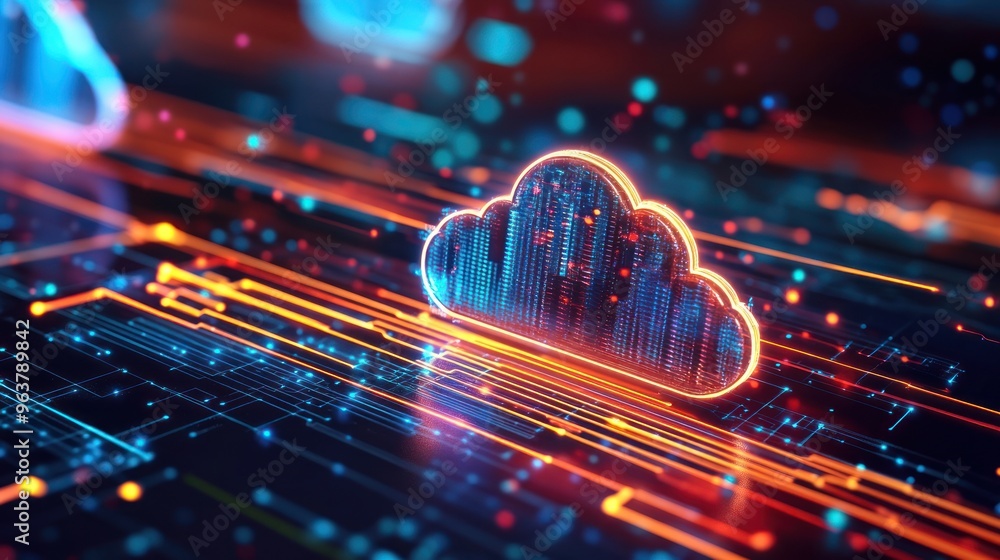 A digital cloud symbol surrounded by vibrant lines representing data flow and technology. A digital cloud symbol surrounded by vibrant lines representing data flow and technology.