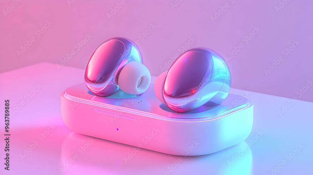 Futuristic 3D Holographic Earphones on Glossy Dock - Ambience Soft Glow - Isolated White Background Concept for Modern Tech Accessories Futuristic 3D Holographic Earphones on Glossy Dock - Ambience Soft Glow - Isolated White Background Concept for Modern Tech Accessories