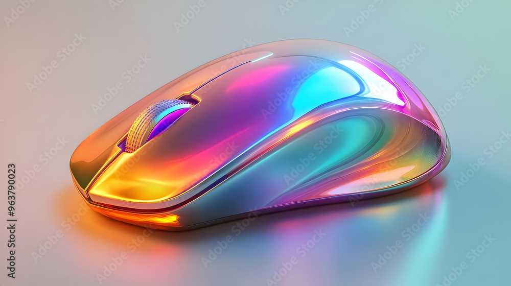 3D Holographic Mouse Concept with Glowing Scroll Wheel - Advanced Computing Technology Design on Glossy White Surface 3D Holographic Mouse Concept with Glowing Scroll Wheel - Advanced Computing Technology Design on Glossy White Surface