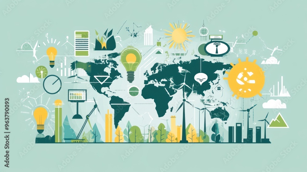 A green background with many icons and symbols, including a clock, a house A green background with many icons and symbols, including a clock, a house