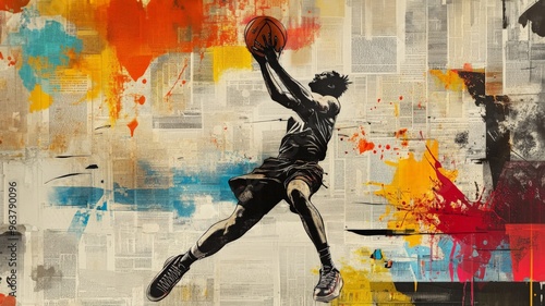 Dynamic street art of a basketball player mid-air, capturing energy and motion with vibrant splashes of color.