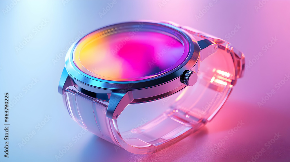 Futuristic 3D Holographic Smartwatch Concept with Glowing Screen - Cutting Edge Technology and Style on Glossy White Surface Futuristic 3D Holographic Smartwatch Concept with Glowing Screen - Cutting Edge Technology and Style on Glossy White Surface