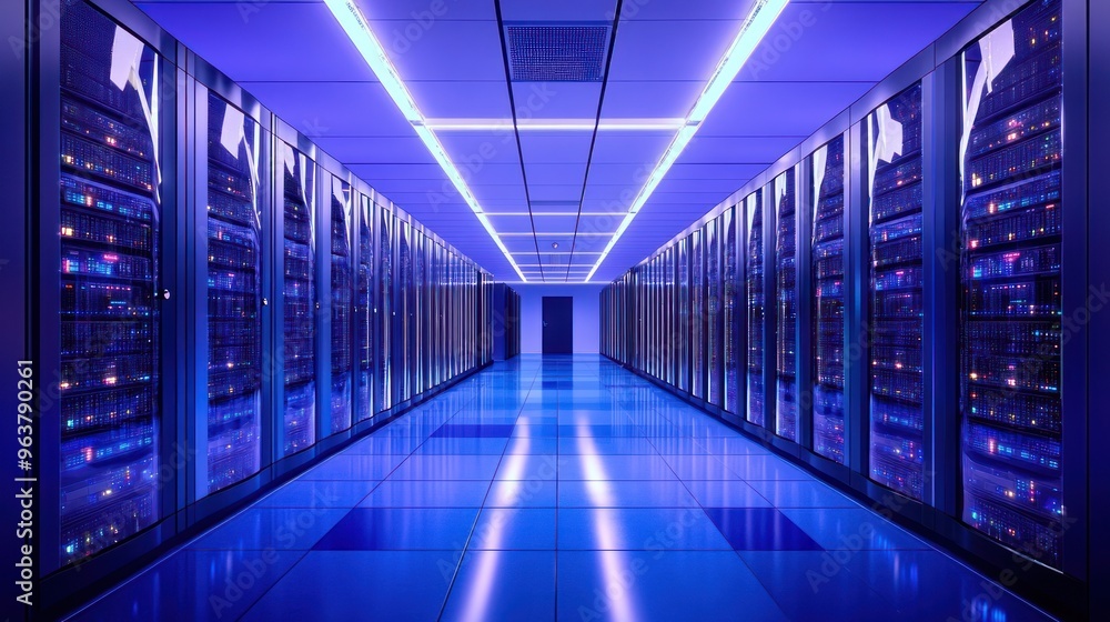 A modern data center with rows of servers illuminated by blue lighting. A modern data center with rows of servers illuminated by blue lighting.