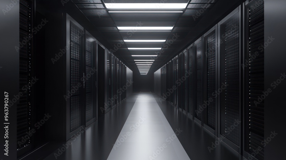Fototapeta premium A dimly lit corridor lined with server racks in a data center.
