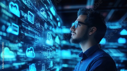A man gazes at digital data and technology visuals, symbolizing innovation and analysis.