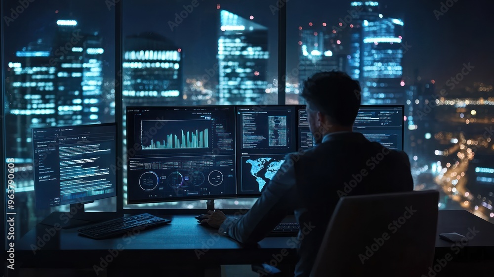 A person working at multiple screens in a modern office overlooking a cityscape at night. A person working at multiple screens in a modern office overlooking a cityscape at night.