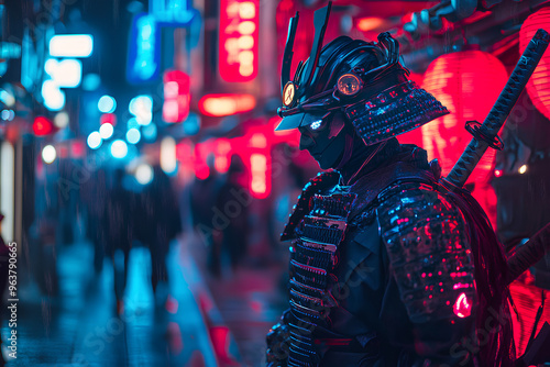 A futuristic samurai warrior stands in a neon-lit city street, his armor reflecting the vibrant lights.