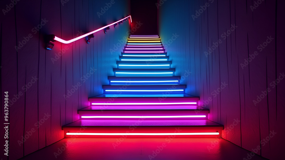 Fototapeta premium Neon Light Staircase Vibrant LED Steps Futuristic Neon Pathway with Colorful Lights