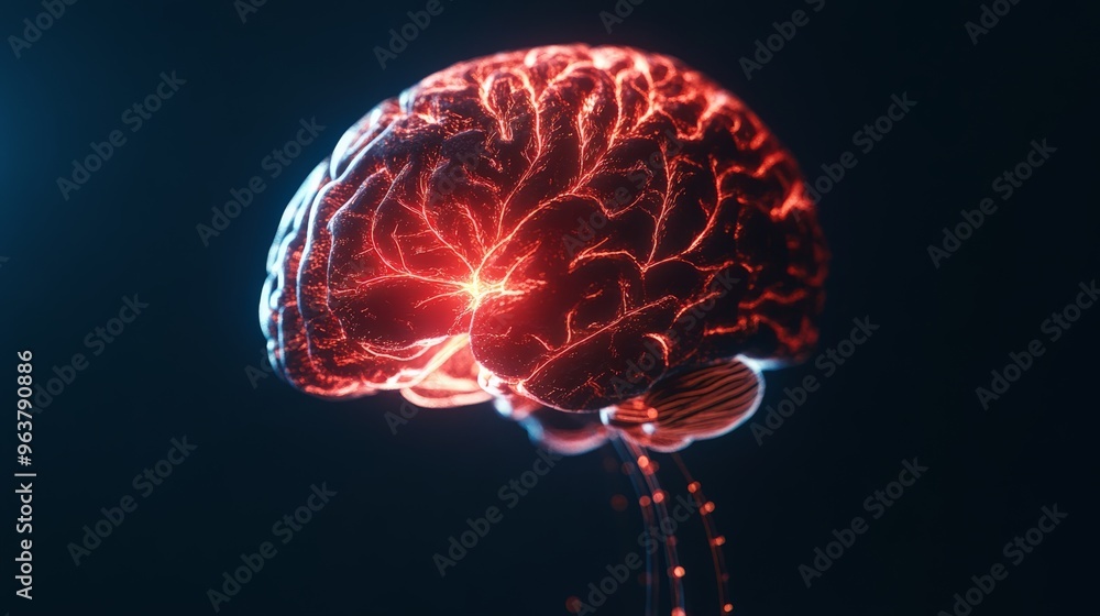 High-tech glowing brain visualization with neural network wiring, symbolizing artificial intelligence and advanced brain function. High-tech glowing brain visualization with neural network wiring, symbolizing artificial intelligence and advanced brain function.