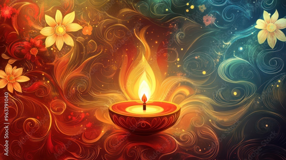 A colorful painting of a candle in a flowery background A colorful painting of a candle in a flowery background