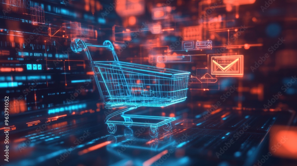 A digital shopping cart representation in a futuristic, tech-inspired environment. A digital shopping cart representation in a futuristic, tech-inspired environment.
