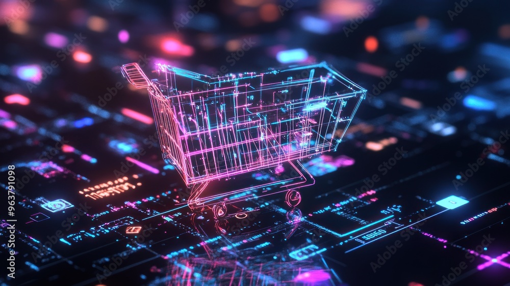 A digital shopping cart on a futuristic circuit board background, symbolizing online commerce. A digital shopping cart on a futuristic circuit board background, symbolizing online commerce.