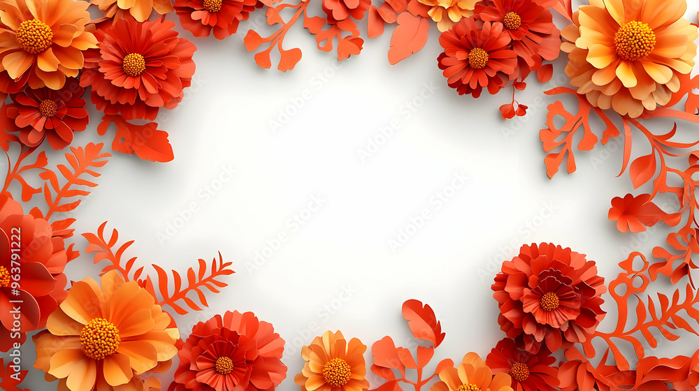 Festive 3D Papel Picado and Marigold Petal Border Frame for Dia de Muertos with Copy Space - Perfect for Celebratory Designs Festive 3D Papel Picado and Marigold Petal Border Frame for Dia de Muertos with Copy Space - Perfect for Celebratory Designs