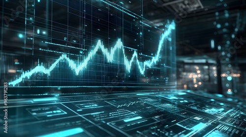 Return on investment (ROI) depicted as a rising graph in a futuristic financial analysis environment