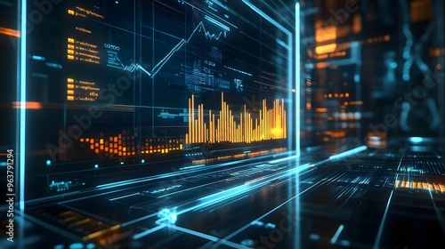 Return on investment (ROI) depicted as a rising graph in a futuristic financial analysis environment