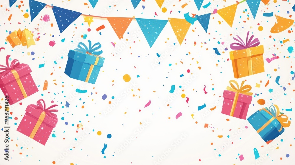 A colorful party scene with a banner and confetti A colorful party scene with a banner and confetti