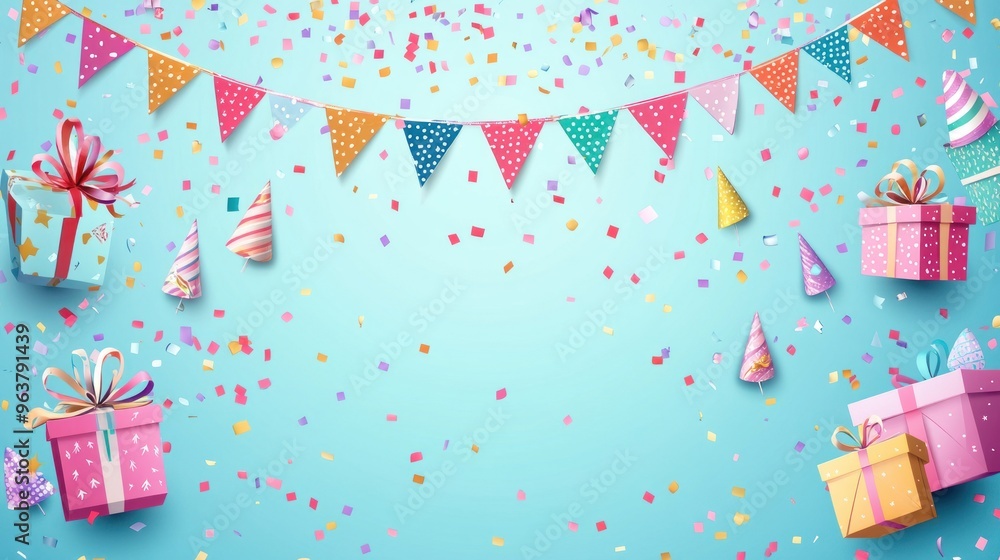 A colorful party scene with a banner and confetti A colorful party scene with a banner and confetti