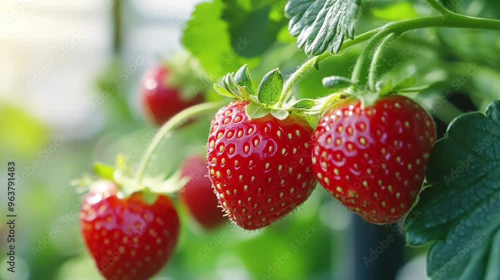 Video of ripe strawberries growing on the plant in the garden under the morning sunlight Video of ripe strawberries growing on the plant in the garden under the morning sunlight