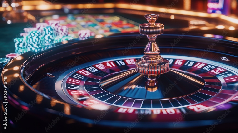 A black and gold roulette wheel with a red and white stripe A black and gold roulette wheel with a red and white stripe