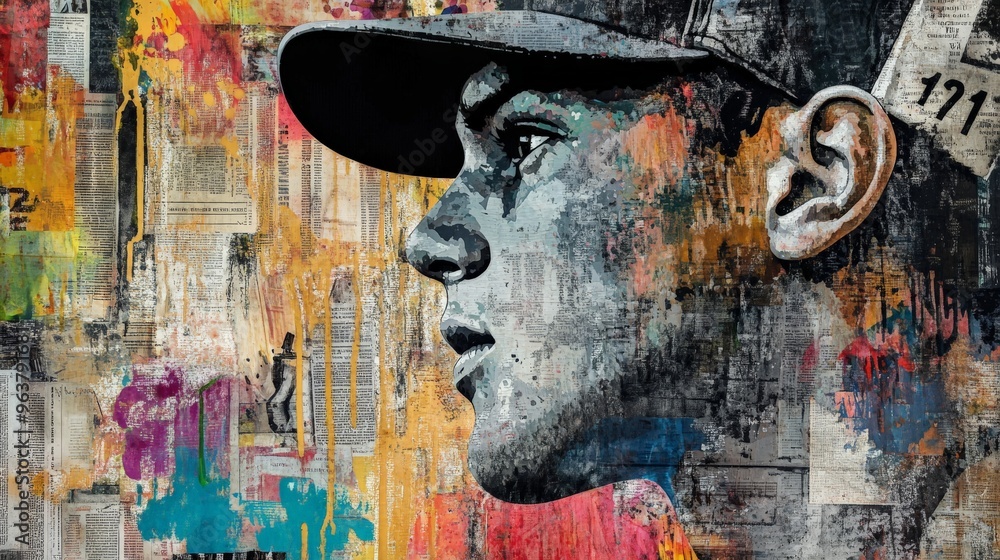 Obraz premium Urban street art portrait of a young man wearing a cap, showcasing vibrant colors on a textured background.