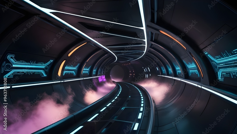 3D Rendering of Dark Abstract Sci-Fi Tunnel: Futuristic Triangular Spaceship Corridor Design 3D Rendering of Dark Abstract Sci-Fi Tunnel: Futuristic Triangular Spaceship Corridor Design