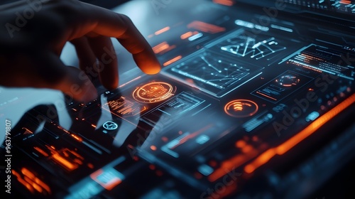 Businessman's hands working with a screen with lots of information. The concept of focus and attention and working hard.