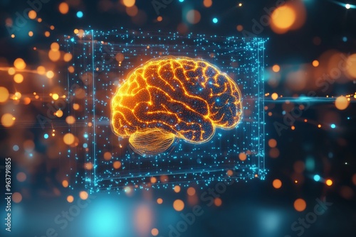 Optic chiasm parietal lobe and foveal vision glowing digital brain encased in a neural network box symbolizing the convergence of artificial intelligence and human cognition photo