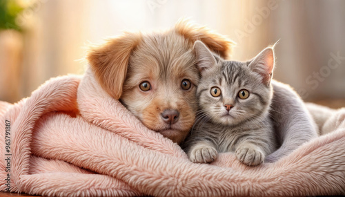 Portrait of cute brown puppy dog and grey tabby kitten cat wrapped sheltered in peachy pink fluffy soft blanket on warm golden light winter morning indoors cozy house home.