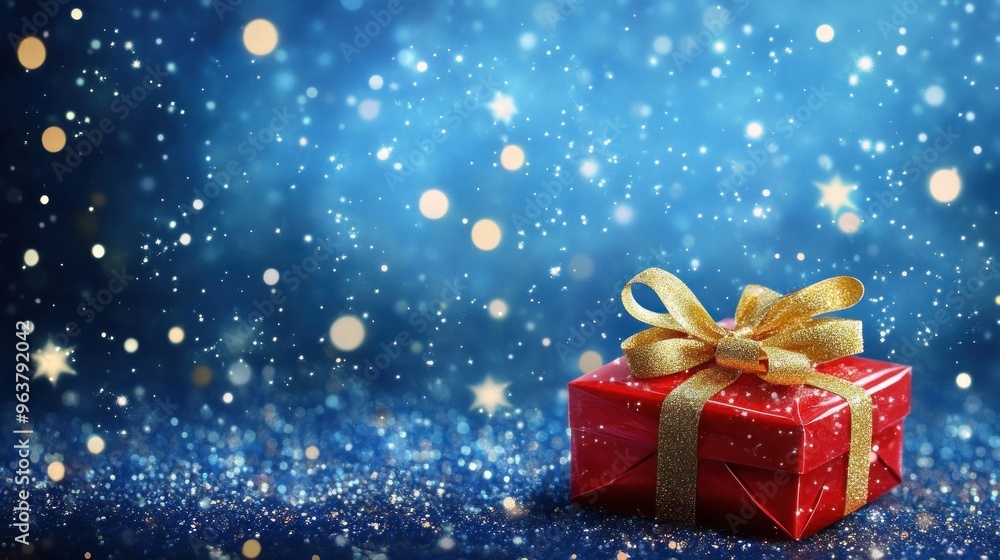 A festive red gift box with a golden ribbon against a sparkling blue background. A festive red gift box with a golden ribbon against a sparkling blue background.