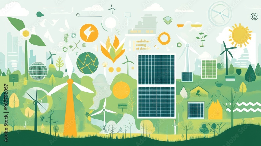 A colorful poster of a city with many windmills and solar panels A colorful poster of a city with many windmills and solar panels