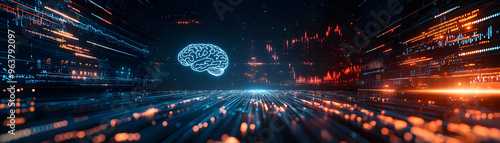 Futuristic AI Brainwave Patterns Frame with Financial Growth Arrows - Symbolizing Cognitive Power Driving Economic Growth and Cost Management - Copy Space Design photo