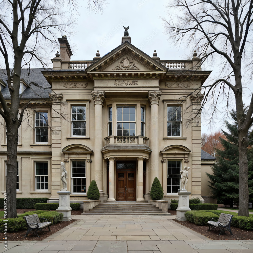 Historic mansion with classical architecture and stone statues Historic mansion with classical architecture and stone statues