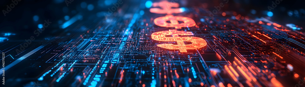 Modern Tech-Themed Frame: AI Circuit Lines Intertwined with Dollar Signs for Cost Management Concept - Copy Space Design Modern Tech-Themed Frame: AI Circuit Lines Intertwined with Dollar Signs for Cost Management Concept - Copy Space Design