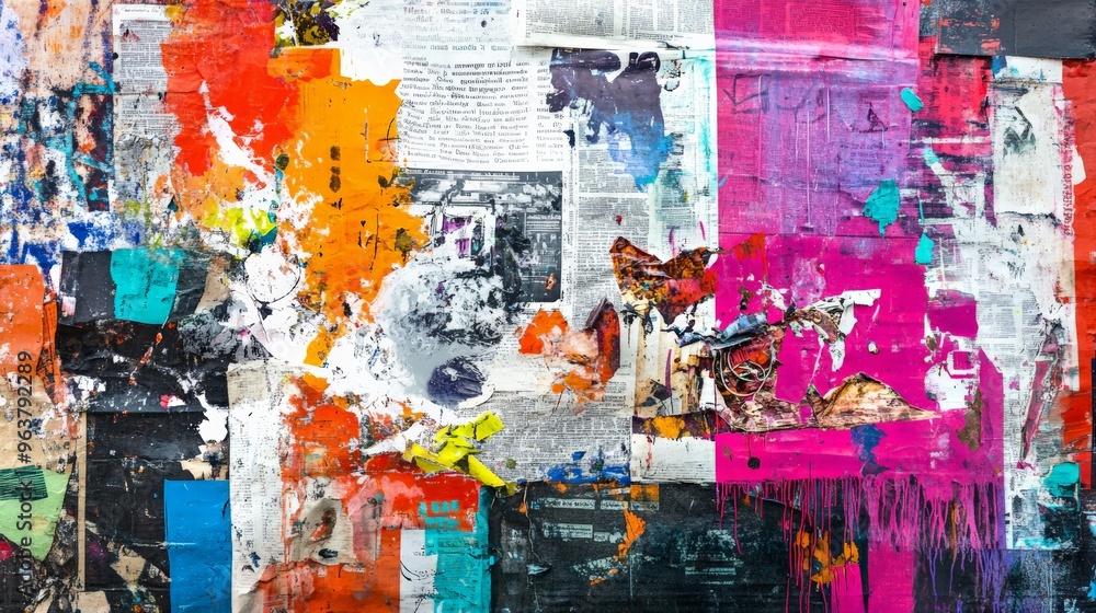 Fototapeta premium Vibrant abstract collage painting featuring mixed media elements such as newspaper clippings, bright paint splashes, and various textures.