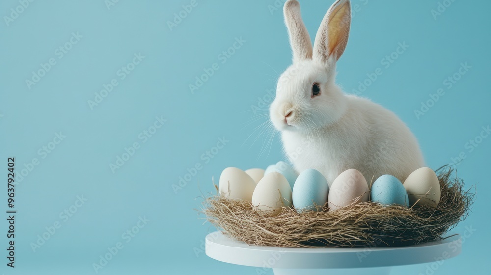 A white rabbit is sitting on a nest of eggs