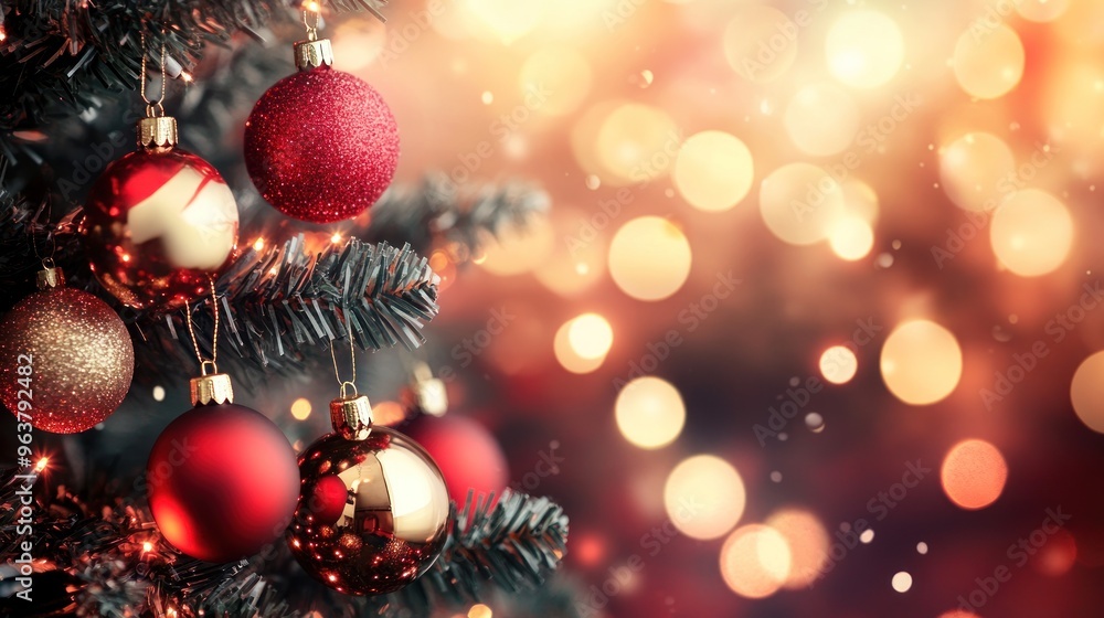 A festive Christmas tree adorned with red and gold ornaments, set against a bokeh background. A festive Christmas tree adorned with red and gold ornaments, set against a bokeh background.